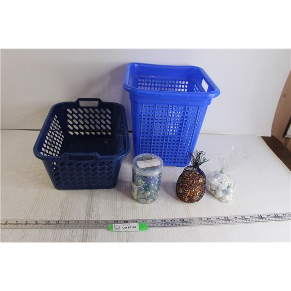 (3) Packs Decorative Filler Rocks, (2) Plastic Bins