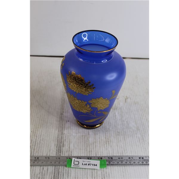 10" Blue Glass Vase with Applies Flowers