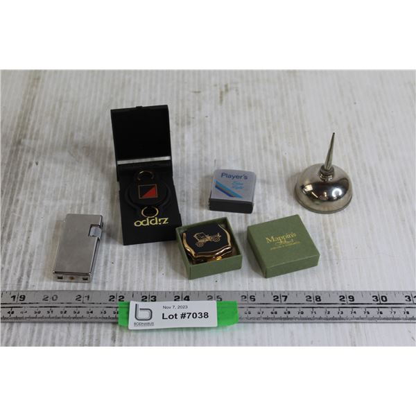 Player's Extra Light Tape Measure, Miniature Oil Can, Mappin's Miniature Ashtray, Misc.