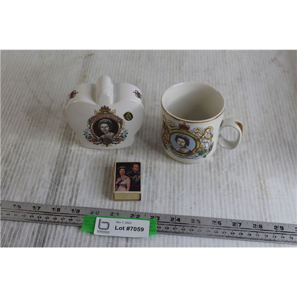 (3) Pieces Queen Elizabeth Merch - Mug, Coin Bank, Matchbox