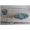 Image 1 : Fire King Delphite Blue Divided Dish, Pink Depression Glass Sugar Holder, Blue Goblet