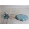 Image 5 : Fire King Delphite Blue Divided Dish, Pink Depression Glass Sugar Holder, Blue Goblet