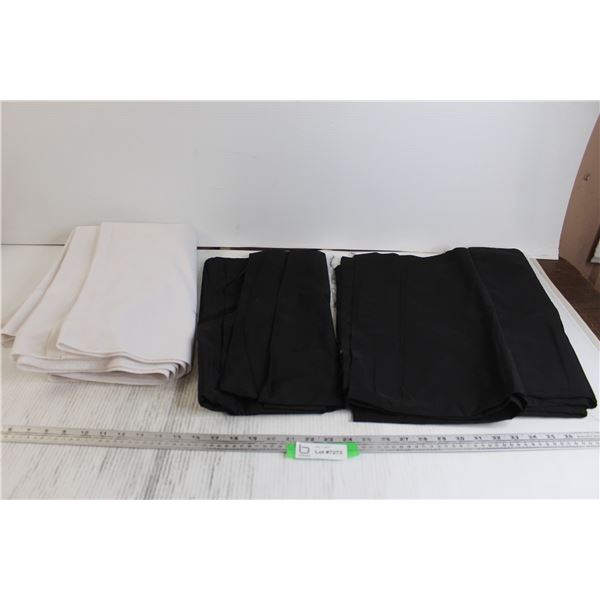 White Tablecloth (6' x 6', Some Stains), (3) Pieces Black Satin Material