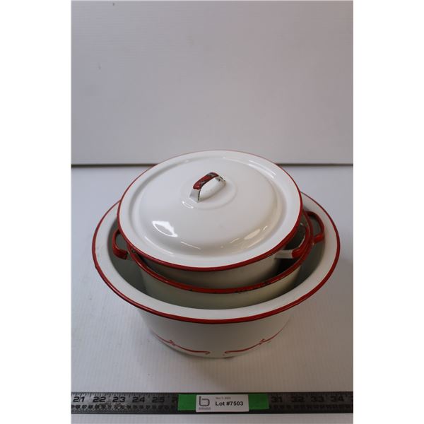 (3) Enamel Items - Pots and Basin