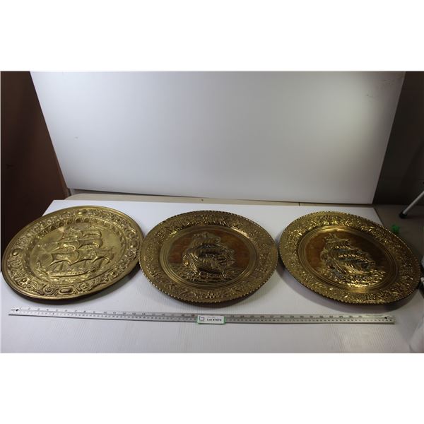 (3) Brass Wall Décor Plate - Ships