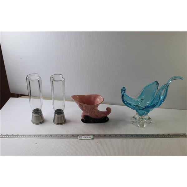 (2) Art Glass Items (Chipped) + Salt and Pepper Grinders