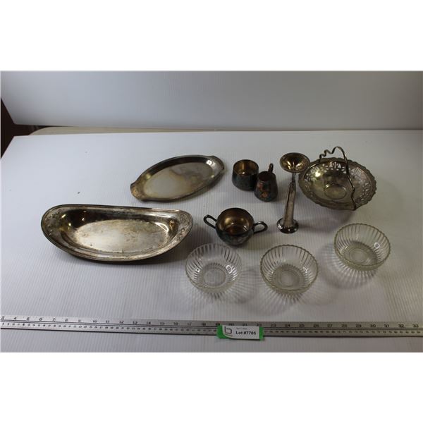 Metal Sugar and Creamer + (2) Metal Trays + (3) Glass Dishes + Metal Candle Holder + Tray