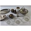 Image 5 : Metal Sugar and Creamer + (2) Metal Trays + (3) Glass Dishes + Metal Candle Holder + Tray