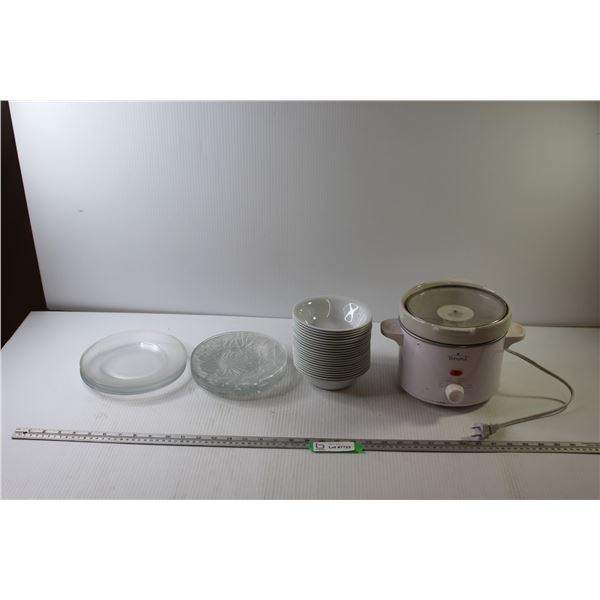 Crock Pot + (6) Glass Plates + (22) Plastic Bowls