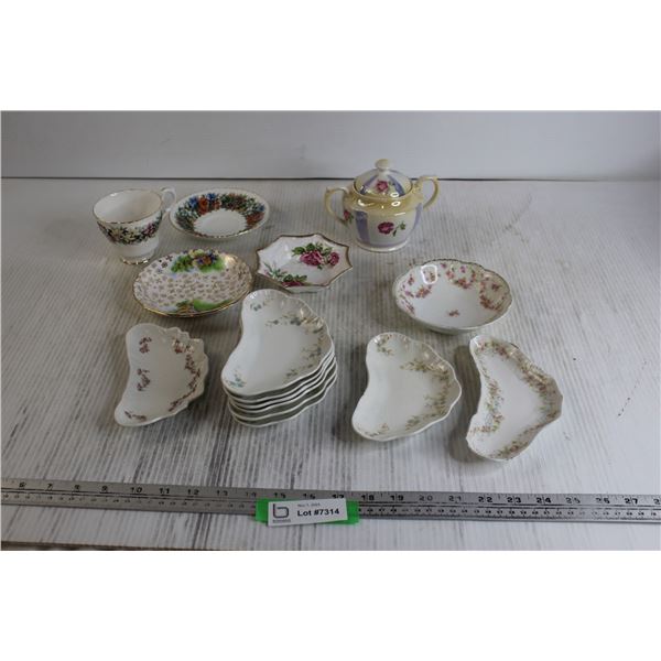 (9) Bone Dishes, (4) Small Bowls/Saucers, Teacup, Sugar Holder