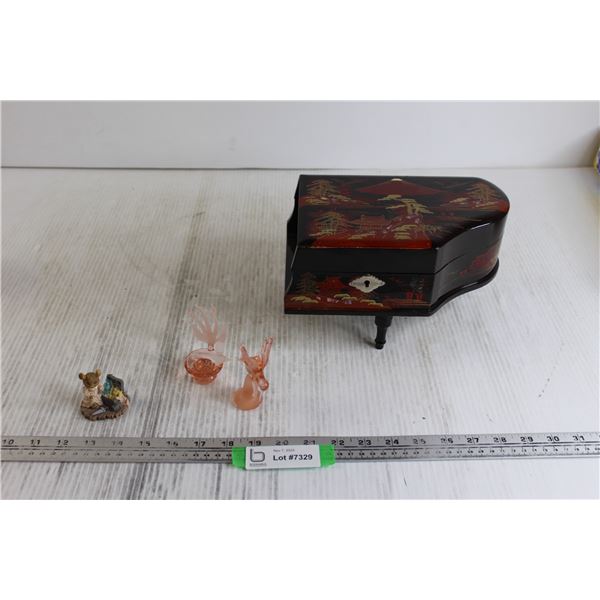 Asian-Inspired Piano-Themed Jewelry Box, (2) Pink Glass Birds, Mouse Trinket