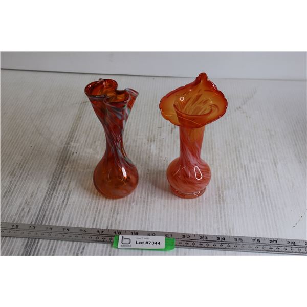 (2) Red Art Glass Vases