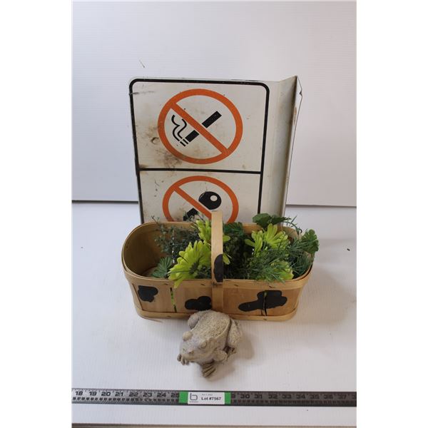 Flower Basket With Frog Figurine / No Smoking No Idle Sign