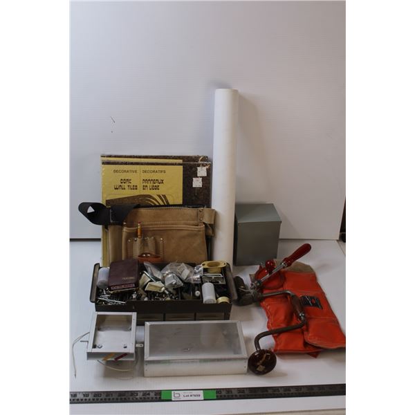 Electrical Boxes / Cork Wall Tiles / Tool Belt / Assorted Fastners / Misc.