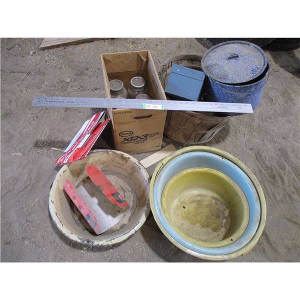 Bowl Enameled Apples Baskets, Jars, Coca Cola Cartons, Misc.