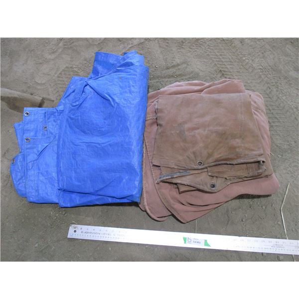 Two Canvas Tarps and a Blue Poly Tarp