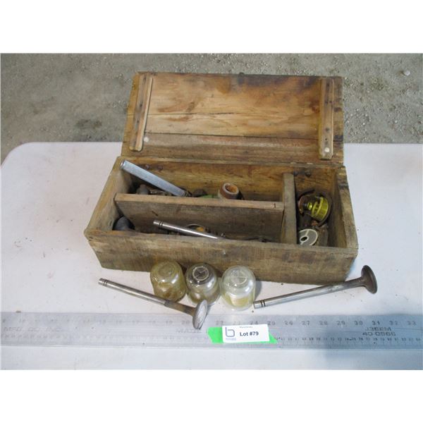 Vintage Wooden Box w Sediment Glasses and push road, misc.