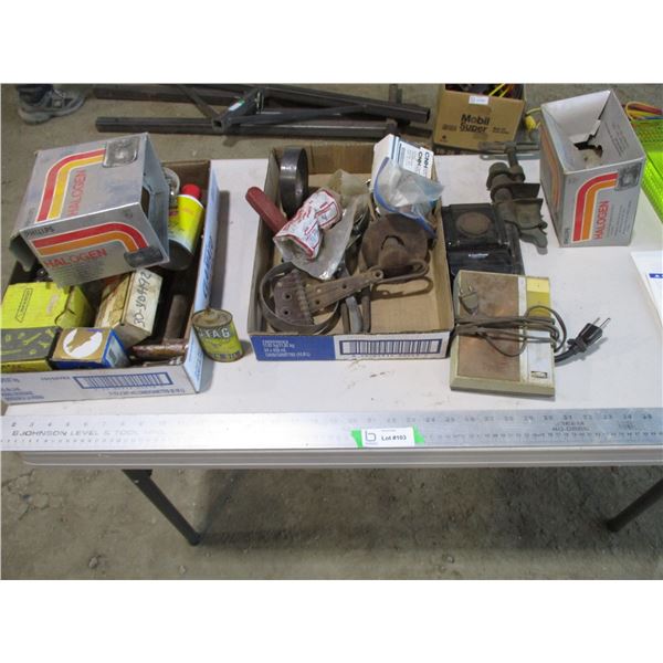 (2) Boxes of Misc. Stuff , Timer Pipe Clamp, Head Lights, Clamps, Battery Post Cleaner,