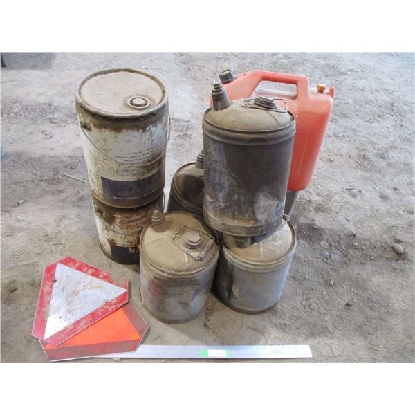 Plastic Gas Can plus Misc. Gas Cans and 2 slow moving Signs