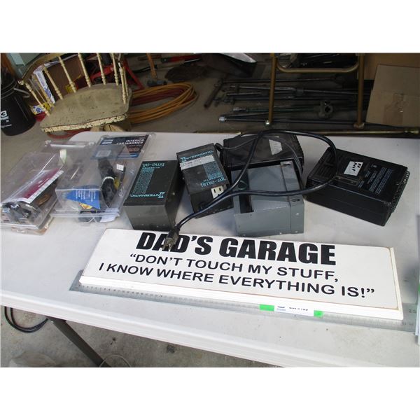 Car Heaters, Intermatic Timers, sign: " Dad's Garage 24"
