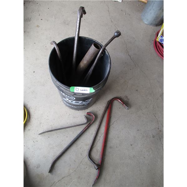 Pail with Crow Bars , Pry Bar, and Tire Wrench