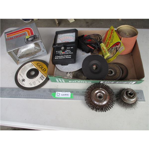Halogen Lights, Tester Angle Grinder Disks, Brushes Sand Paper.