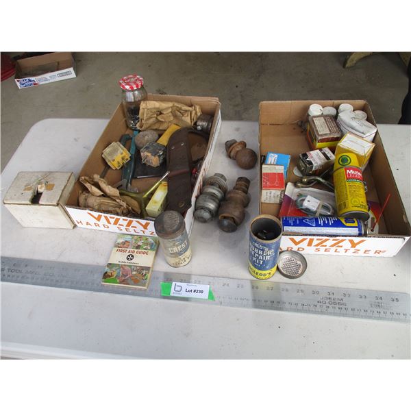 2 Boxes Tire Patch, 3 Trailer Balls, Misc. Parts, Chains,