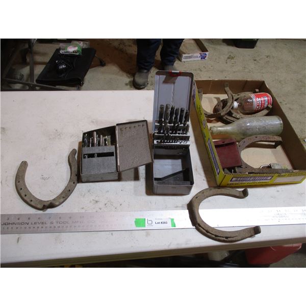 (2) Partial Drill Bit Sets, Horseshoes, Collectible Bottles, Miscellaneous