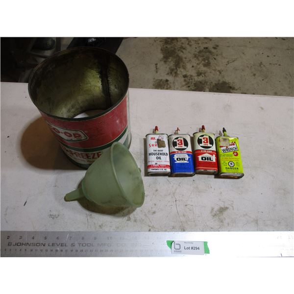 (4) Vintage Household Oil Tins, Funnel