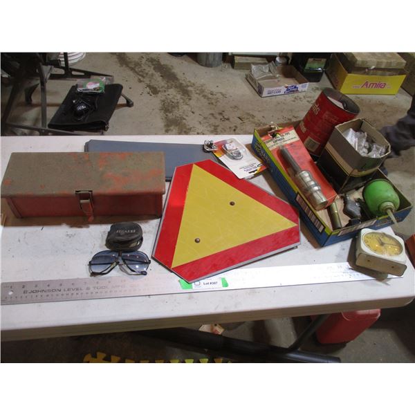 Vintage Alarm Clock, Tractor Tool Box, Slow Moving Sign, Exhaust & Tail Pipe Expander, Ferrari Sungl