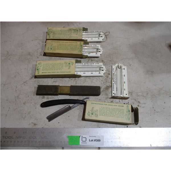 Straight Razor, (4) Advertising Massey Ferguson Rain Gauges - Dishaw Services, Milden
