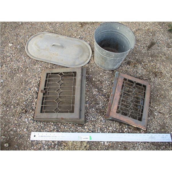 (2) Cold Air Vents, Galvanized Pail, Boiler Lid