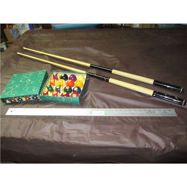(2) Pool Cues, Set of Aramith Billiard Balls