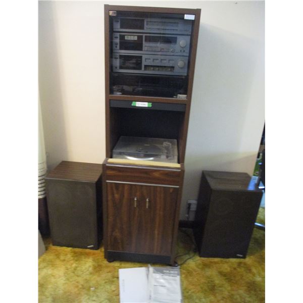 Hitachi Amp, Record Player, Tape Deck, Tuner, Technics 5 Disc CD Player, (2) Hitachi Speakers, 1 Pie