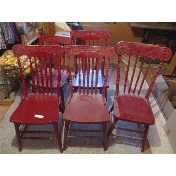 (5) Wooden Chairs Painted Red - 4 Chairs are Press Back