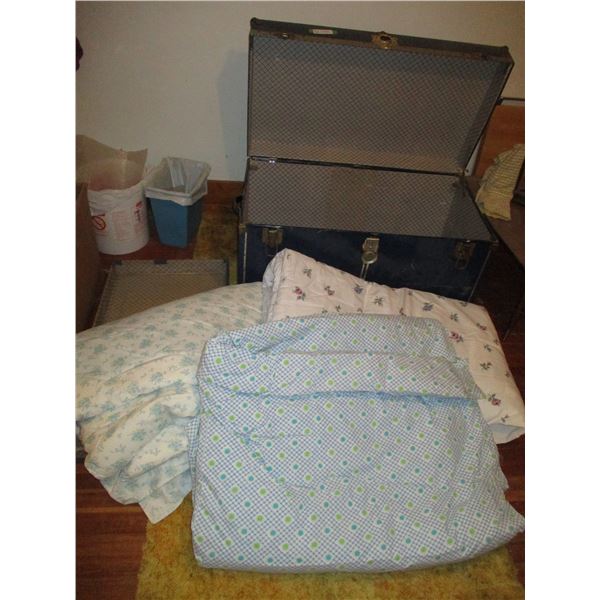Metal Trunk With Tray, (3) Handmade Down Filled Quilts