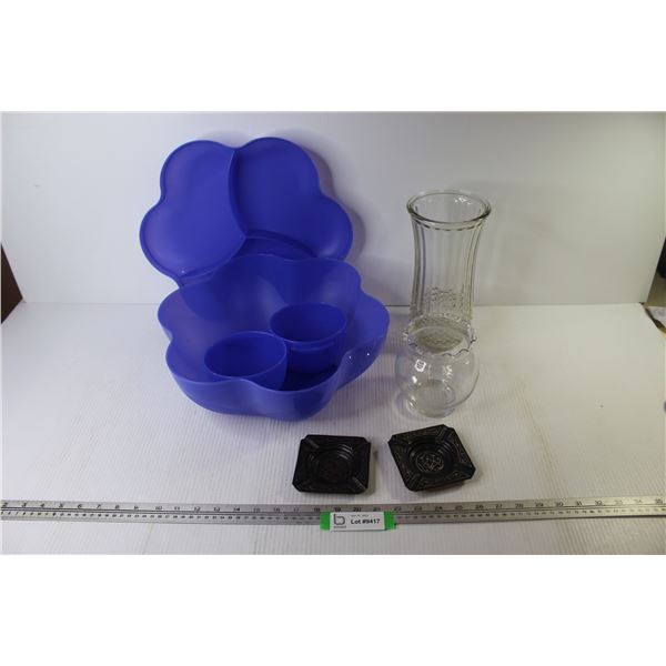 (2) Vases - (2) Ashtrays - Plastic Container Bowl w/Lid - Small Bowls