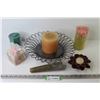 Image 1 : Collection of Candles - Metal Stand - Ceramic Leaf Candle Holder