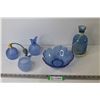 Image 1 : Blue Glass Items - Perfume Bottles - Glass Dish - Vase on Stand