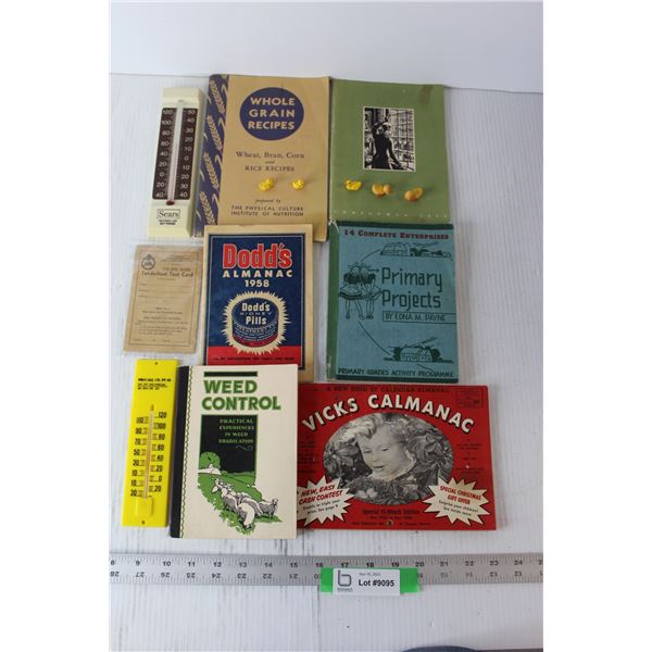 (4) Vintage Books, (2) Almanac - 1956, 1958, (2) Advertising Thermometers, (5) Miniature Ducks, Vint