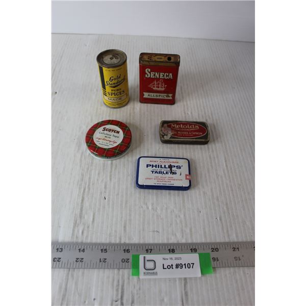 (5) Collector Tins - Gold Standard Spices - Mace, Seneca Allspice, Meloids, Phillips' Tablets, Scotc