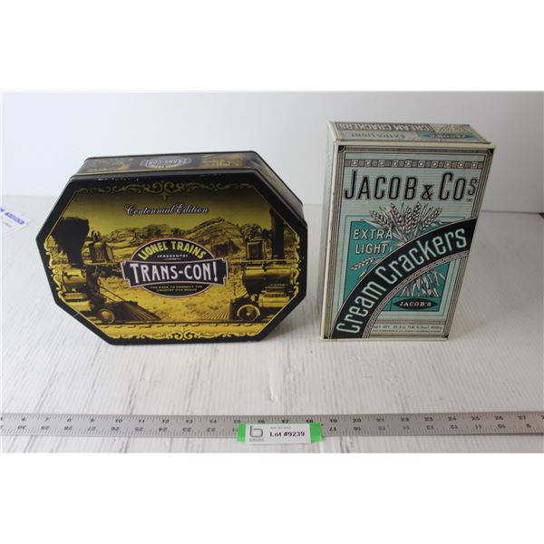 (2) Metal Tins - Lionel Trains Trans-Con! Centennial Edition, Jacob & Cos. Extra Light Cream Cracker