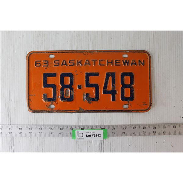 (1) Saskatchewan License Plate - 1963