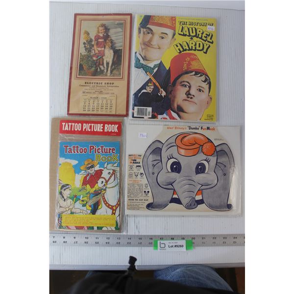 Tattoo Picture Book, Disney "Dumbo" Fun Mask, Laurel & Hardy Magazine, Collector Calendar - 1948