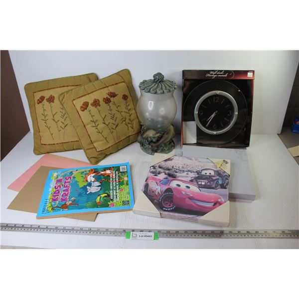 Cars Picture - Wall Clock (in box) - 4" x 4" Photo Frame - Dolphin Fish Tank w/Lid - (2) Cushions - 