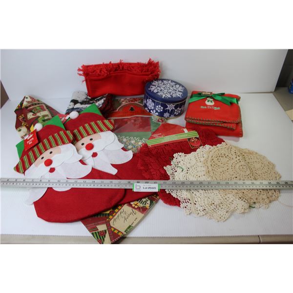 Christmas Items - Vinyl Tablecloth - Tin - Tree Skirt - Stockings - Doilies - Placemats - Throw Blan