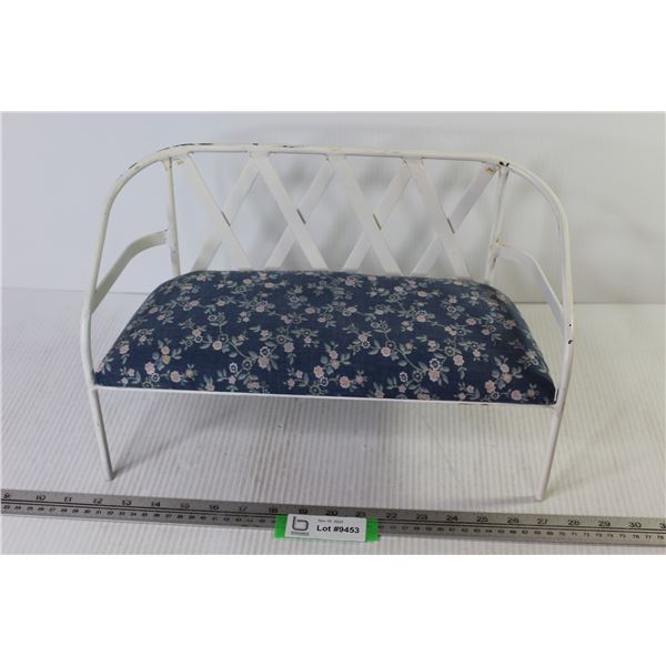 White Metal Doll Sofa - Blue Flowered Pad (16"w x 7"d x 9 1/4"h)