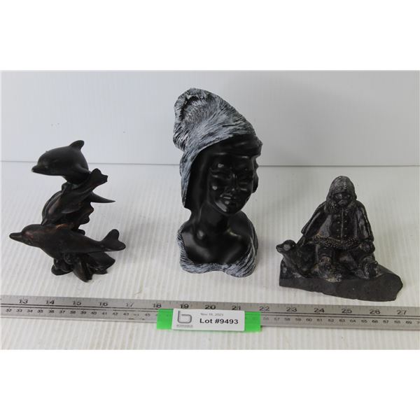 Ornament Statues - Black Coral Head Figure - Dolphins - Inuit Carving