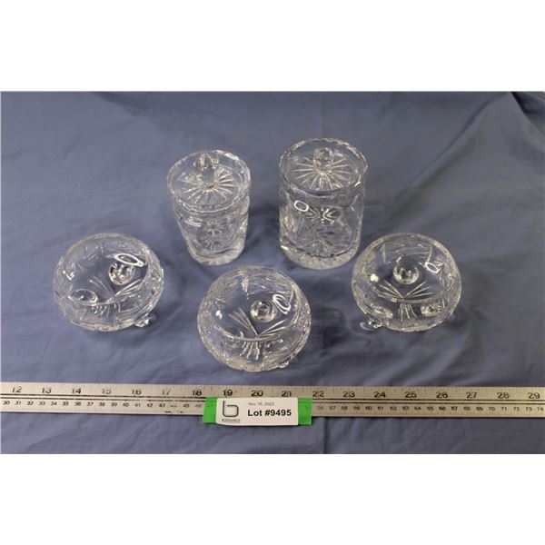 Pinwheel Crystal Pieces - (3) Footed Dishes - (2) Jars Lidded Sugar Jars (no spoons)