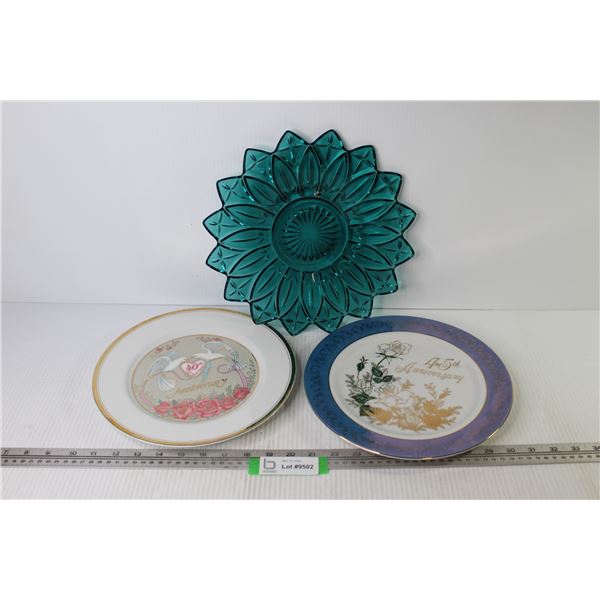 (3) Plates - 40th & 45th Anniversary - Blue Glass Plate